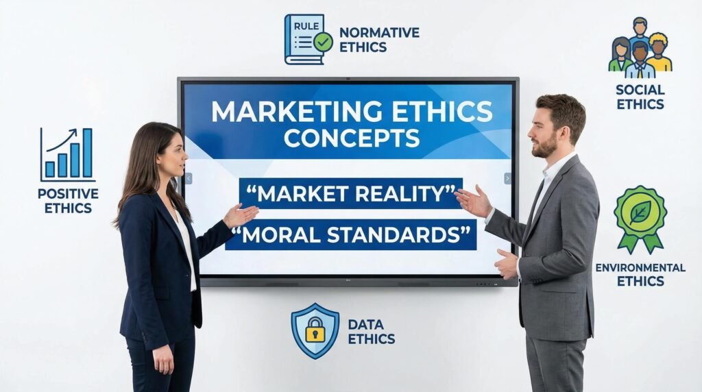 Business team reviewing marketing ethics types with related principle symbols