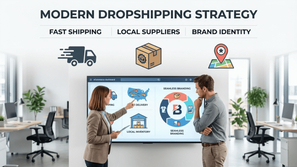 Man and woman reviewing modern dropshipping strategy and branding
