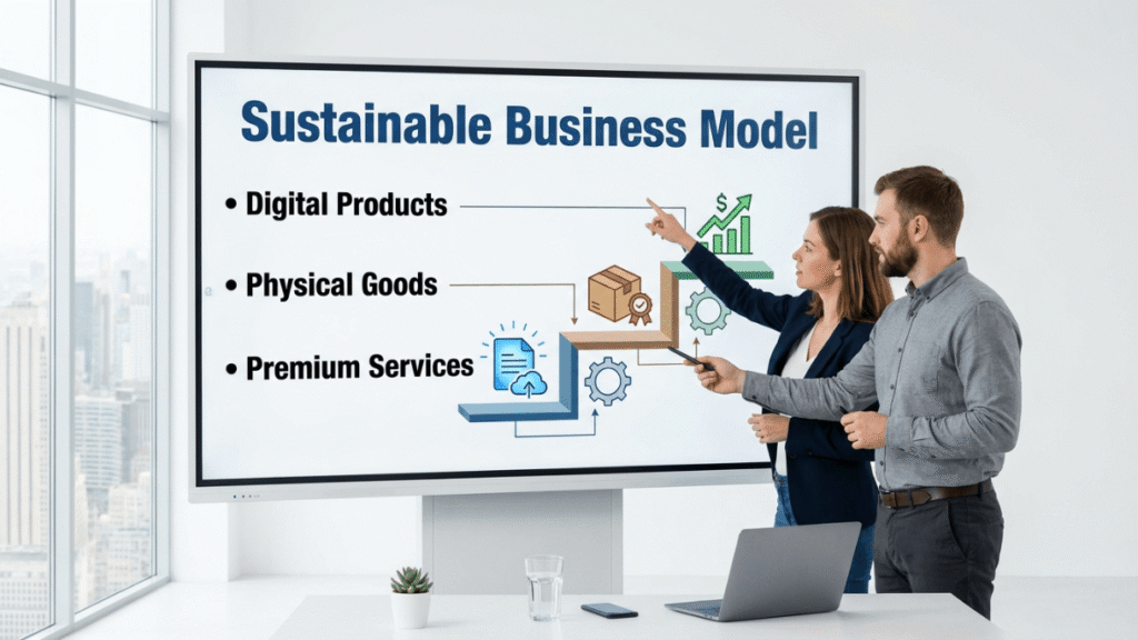 Man and woman presenting hybrid product business model strategy
