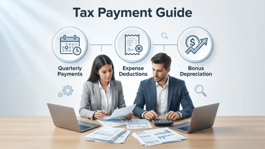 Man and woman reviewing quarterly tax payments and business expense deductions