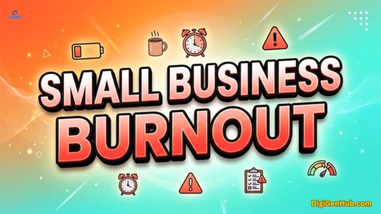 Small business burnout illustration with stress and workload icons.