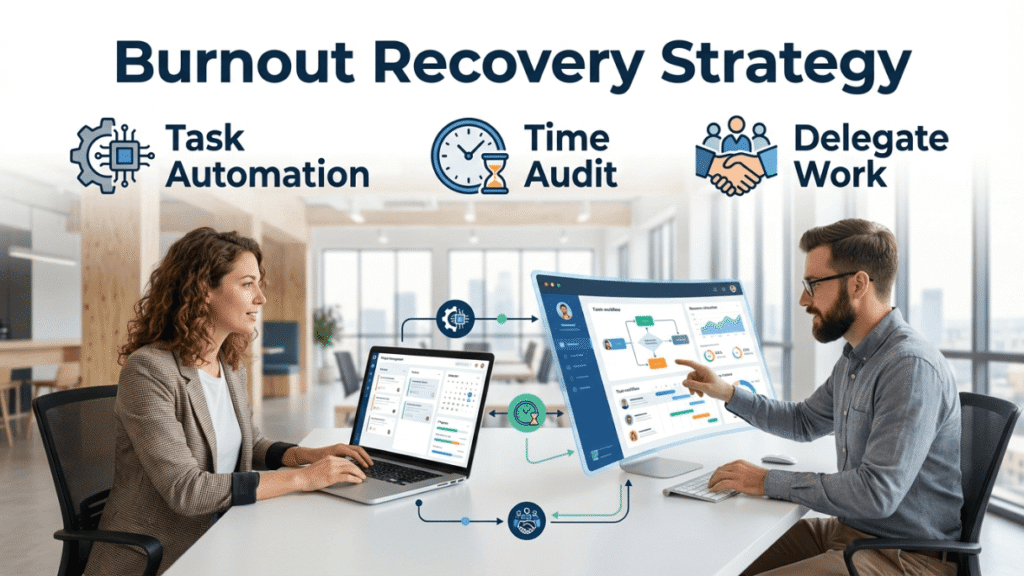 Man and woman implementing strategies to reduce small business burnout