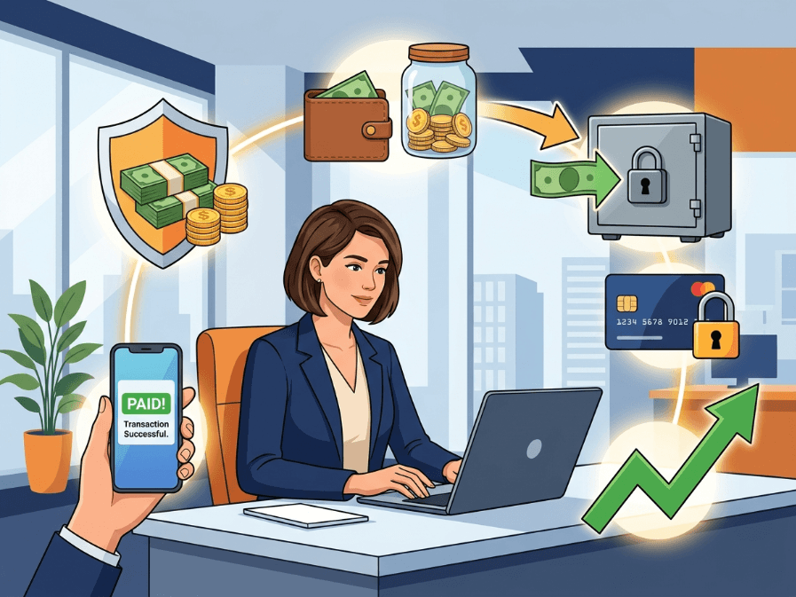 Business owner protecting profits through smart banking automation savings and security.