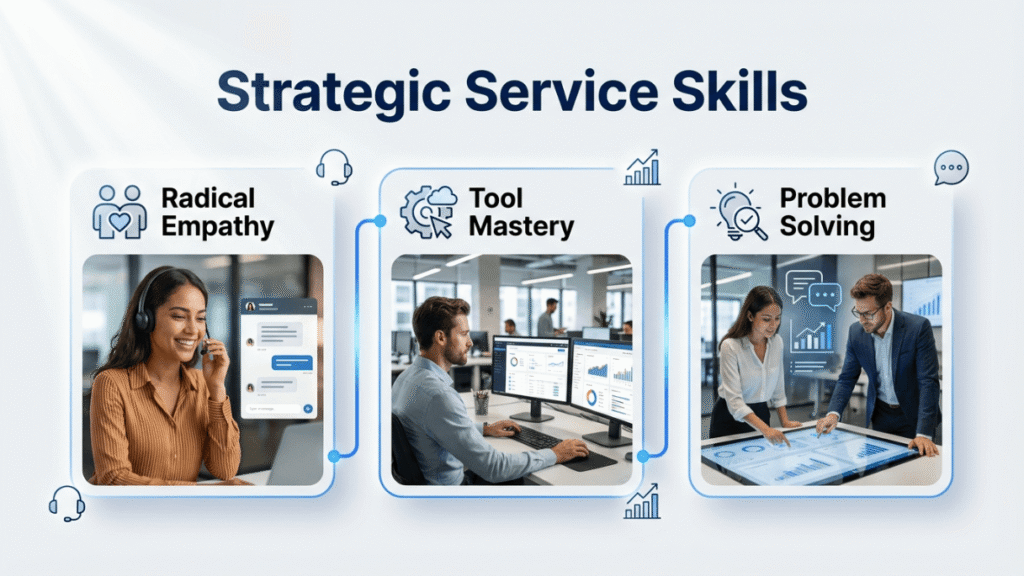Man and woman applying strategic customer service skills in digital support environment
