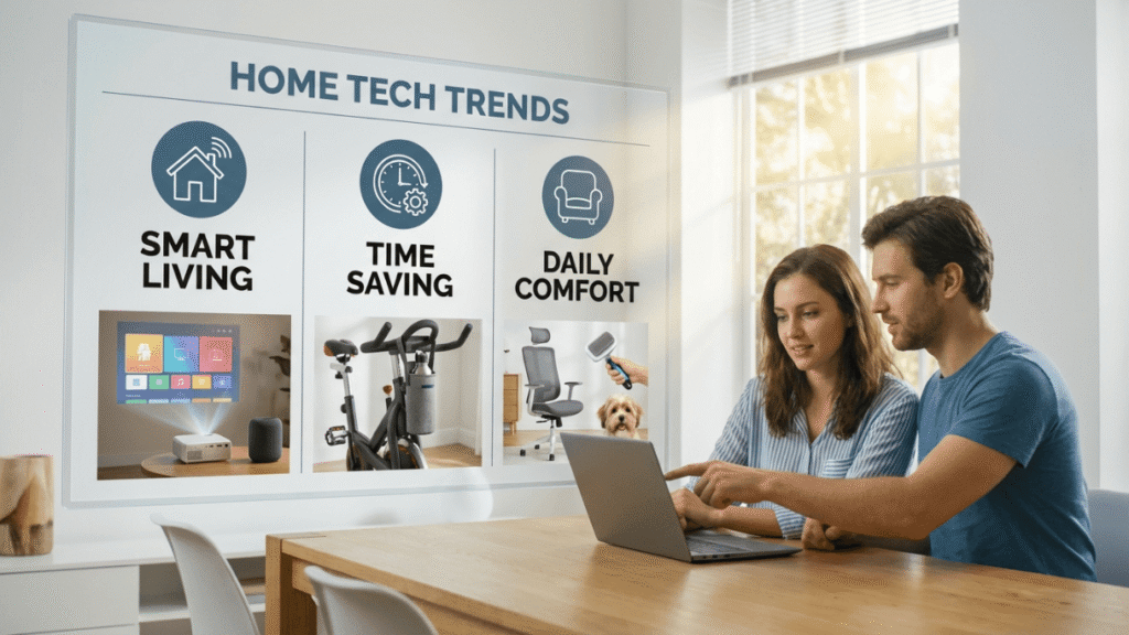Man and woman exploring trending tech and home products for convenience
