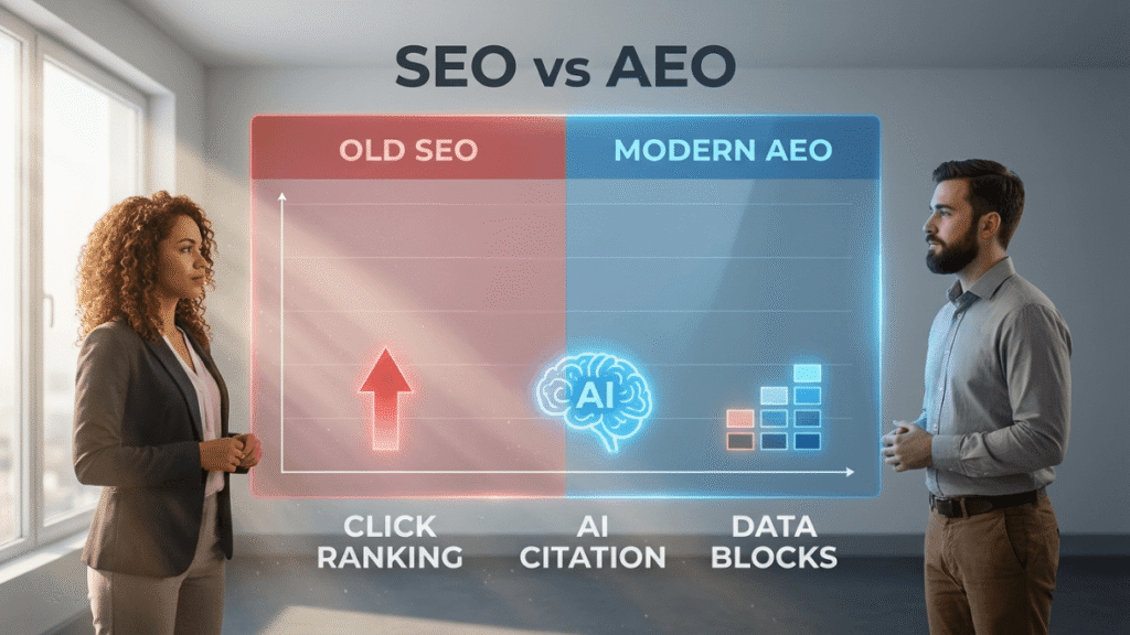 Woman and man analyzing old SEO versus modern AI-driven traffic strategies