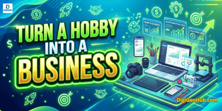 Turn a hobby into a business illustration with creative workspace and neon green entrepreneurial growth design