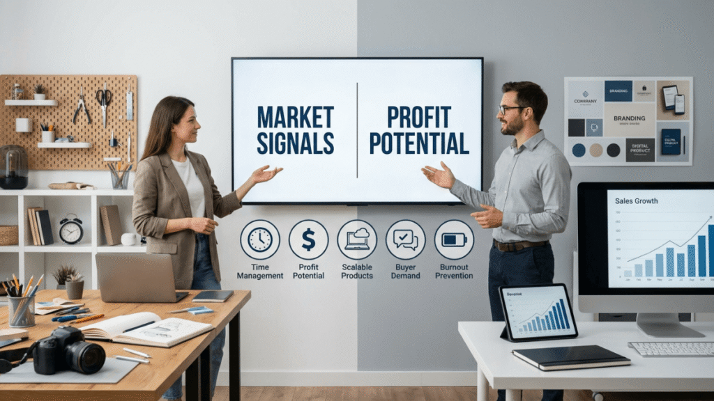 Man and woman evaluating signs to turn hobby into business
