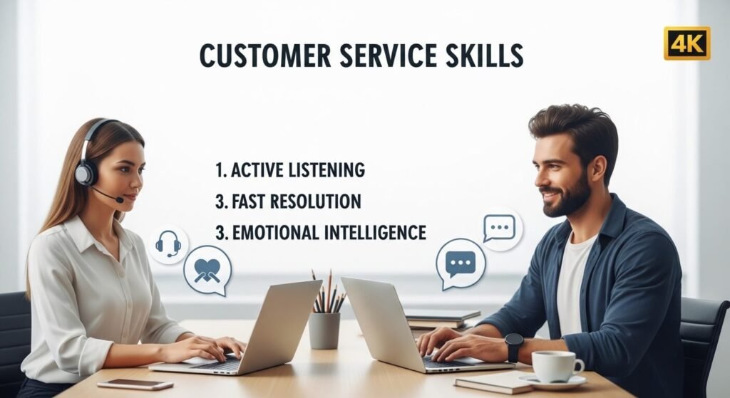 Man and woman providing customer support with empathy and communication skills
