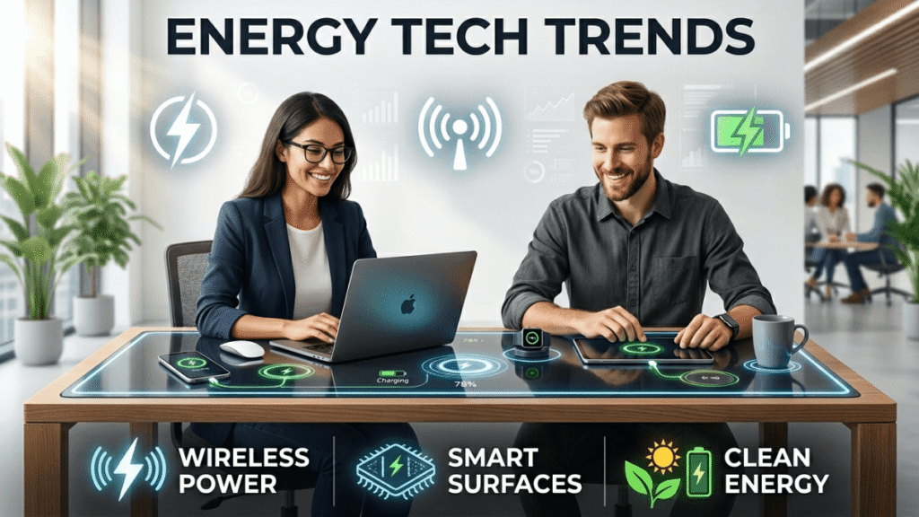 Man and woman using wireless power technology on smart desk surface