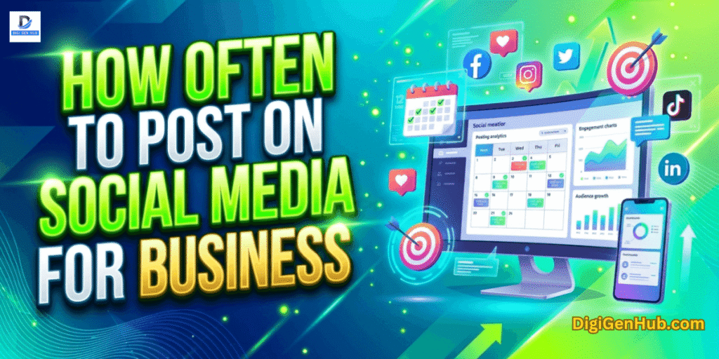 How often to post on social media for business illustration with social media scheduling dashboard and neon green marketing design