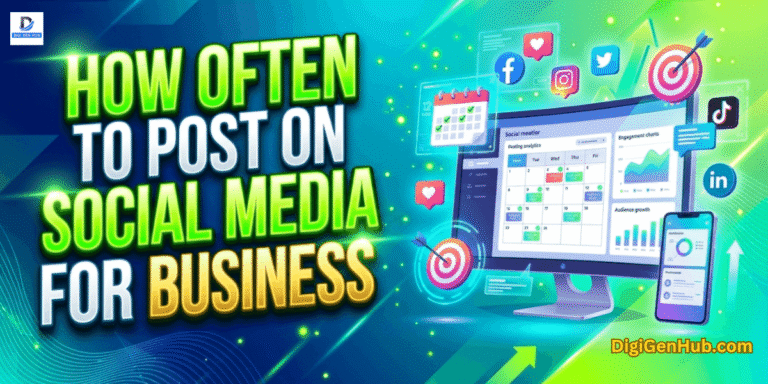 How often to post on social media for business illustration with social media scheduling dashboard and neon green marketing design