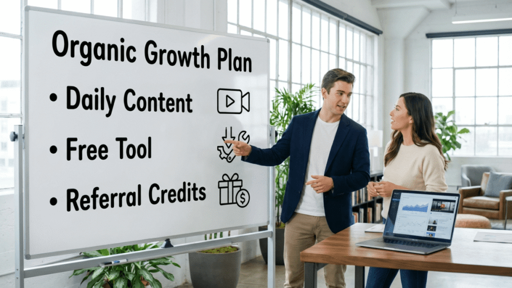organic growth plan daily content free tool referral credits low budget marketing
