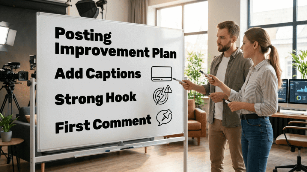 posting improvement plan add captions strong hook first comment social media