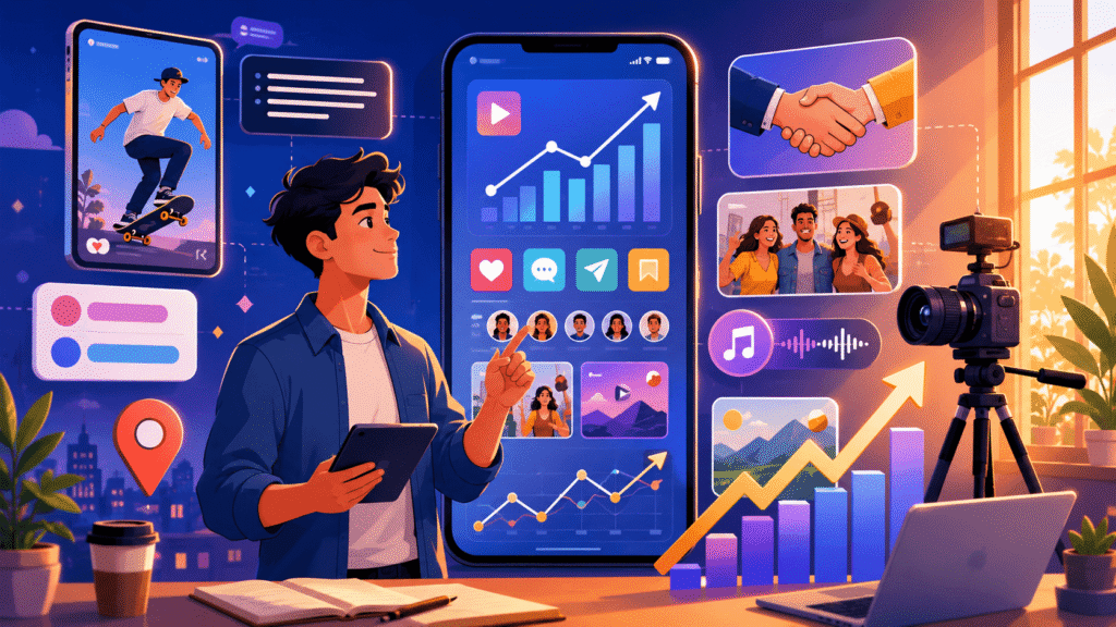 Digital marketer using social media growth strategies with engagement analytics, video content, collaboration tools, and audience-building elements.