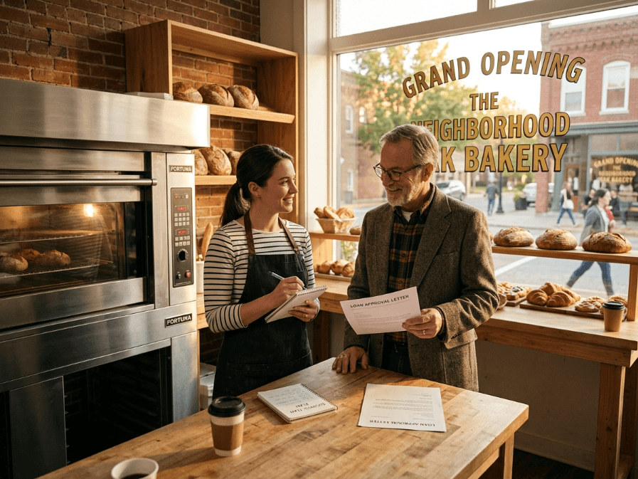 Startup bakery owner receives microloan funding and community guidance for growth.