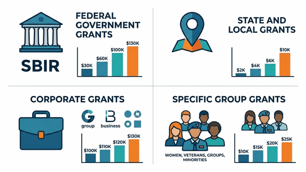 Infographic showing four types of small business grants including federal state corporate and group specific funding