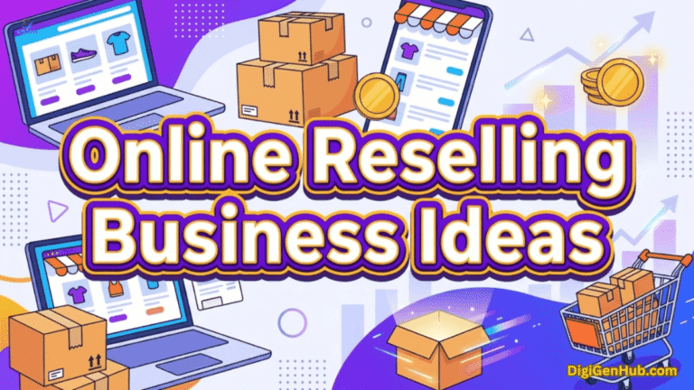 Online Reselling Business Ideas", featuring laptops, smartphones, product packages, shopping carts and financial growth elements.