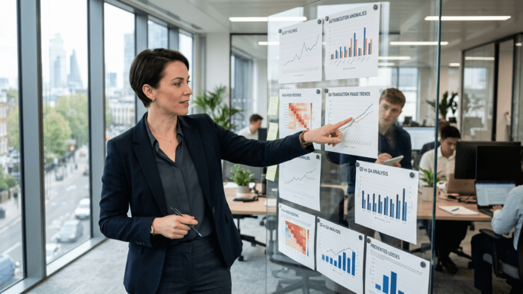 Security team lead reviewing transaction data charts naturally reflecting AI driven fraud defense in 2026

