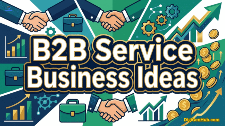 B2B Service Business Ideas", featuring professional handshakes, business icons, charts and financial growth elements.