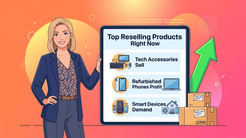 Businesswoman holding a tablet showing profitable online reselling products including tech accessories, refurbished electronics, and smart devices.