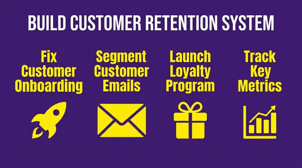 Customer retention infographic showing onboarding, loyalty, emails, and metrics.