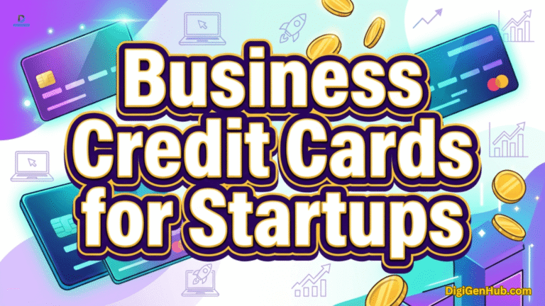 Business Credit Cards for Startups", featuring glowing credit cards, coins and startup growth elements.