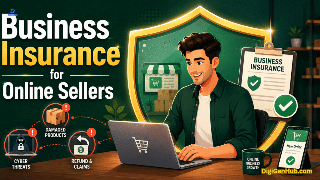 Online seller protected by business insurance while managing e-commerce orders and reducing business risks.