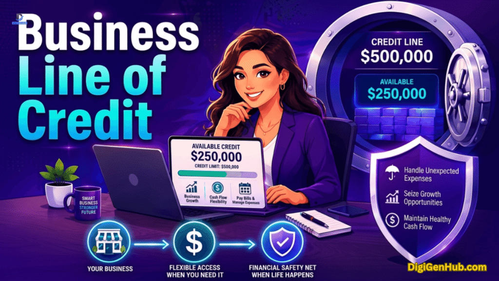 Professional businesswoman using a business line of credit as a flexible financial safety net for business growth and cash flow management.