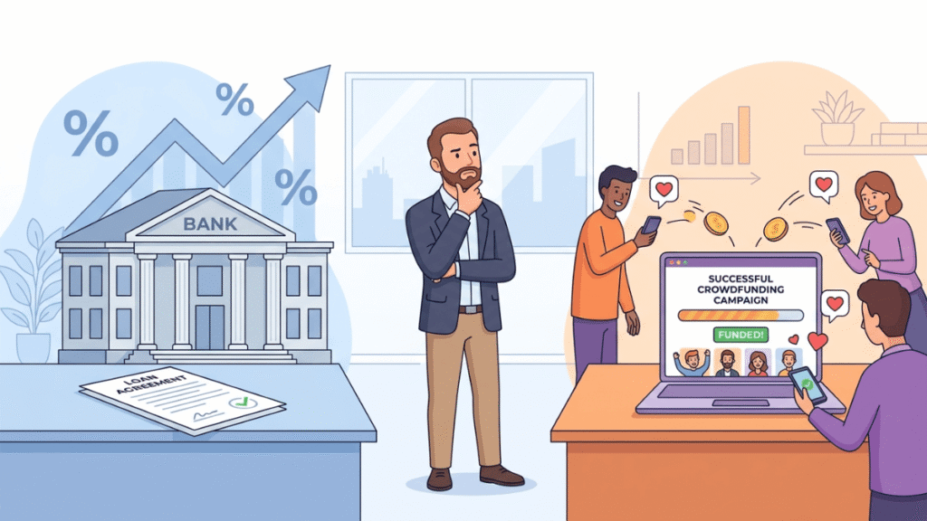Entrepreneur comparing business loan and crowdfunding options in 2026