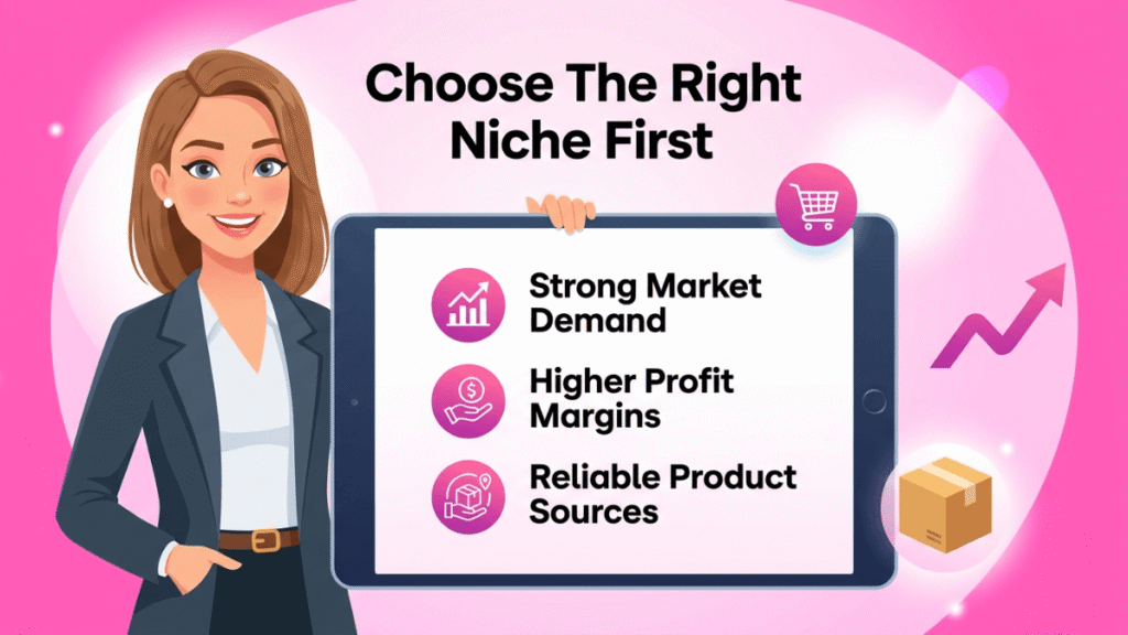 Businesswoman holding a tablet showing demand, profit margins, and product sourcing factors for choosing an online reselling niche.