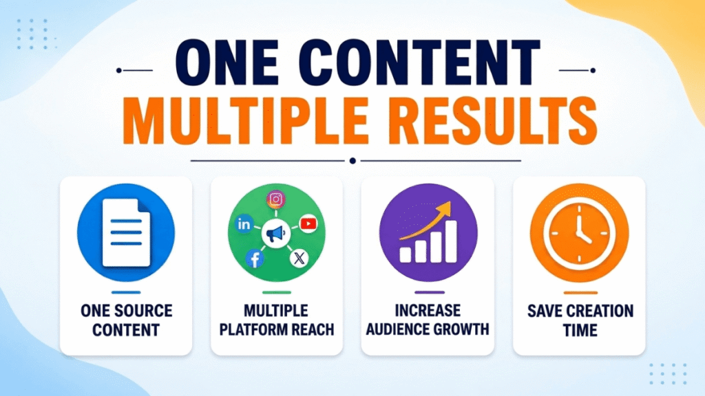 Content repurposing infographic showing reach, growth, and time savings.