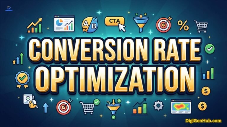 Conversion optimization illustration with analytics and growth icons.