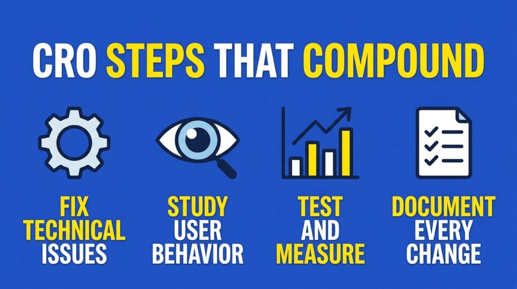 CRO infographic showing technical fixes, testing, analysis, and optimization process.