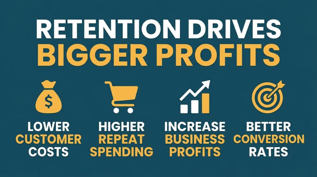 Customer retention infographic showing lower costs and higher business profits.