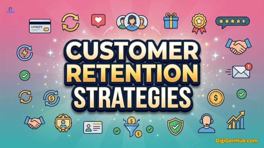 Customer loyalty illustration with retention and rewards icons.