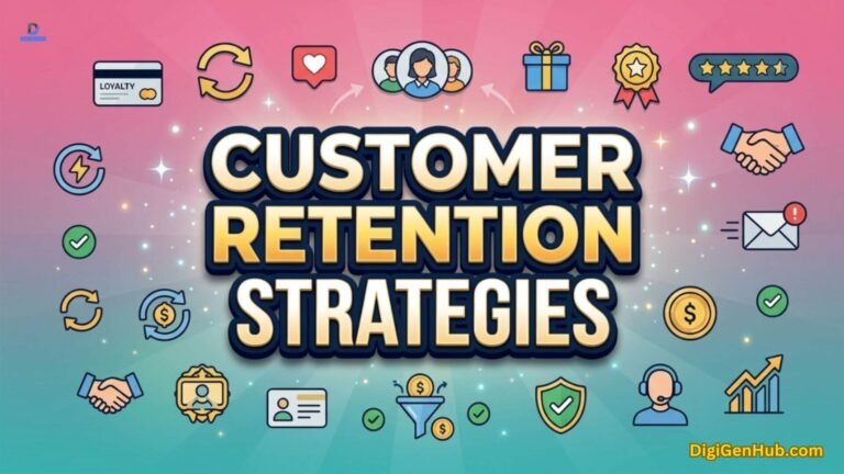 Customer loyalty illustration with retention and rewards icons.