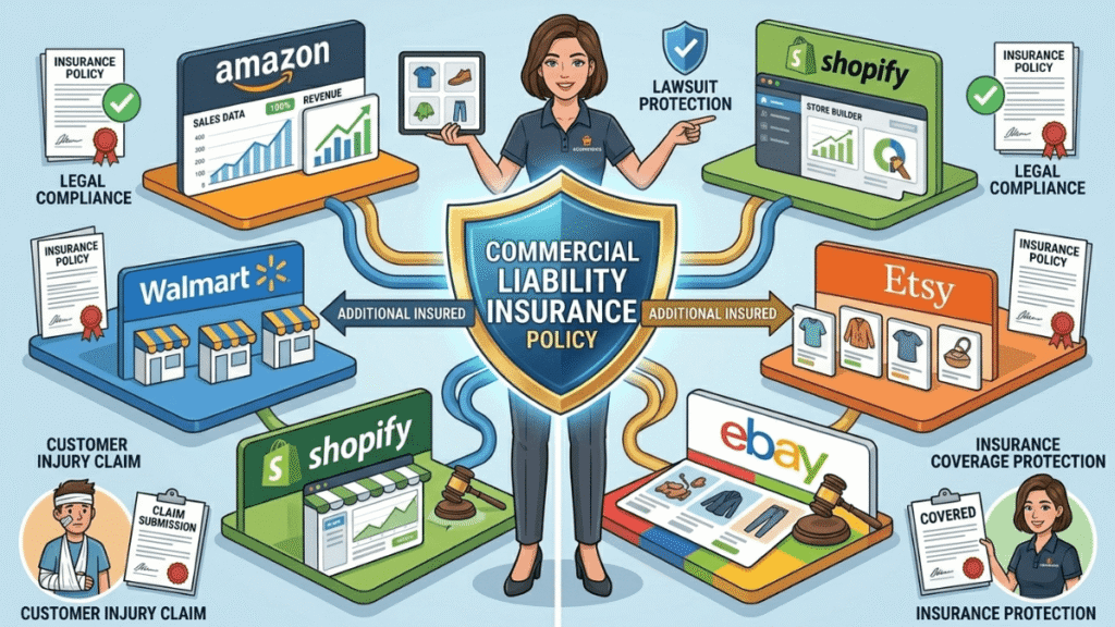 E-commerce insurance requirements for Amazon, Walmart, Shopify, Etsy, and eBay sellers in 2026.