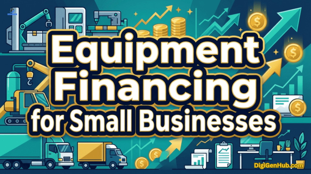 Equipment Financing for Small Businesses", featuring industrial equipment, machinery and financial growth symbols.