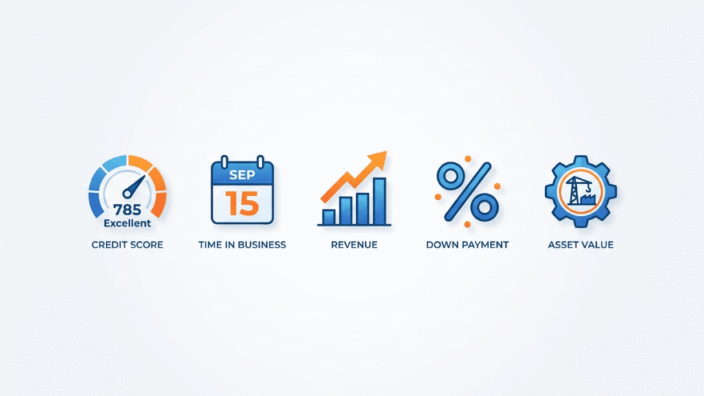 Clean visual showing five key factors lenders check to qualify for equipment financing in 2026