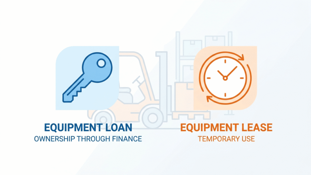Clean visual comparing equipment loan ownership and equipment lease temporary use for small businesses