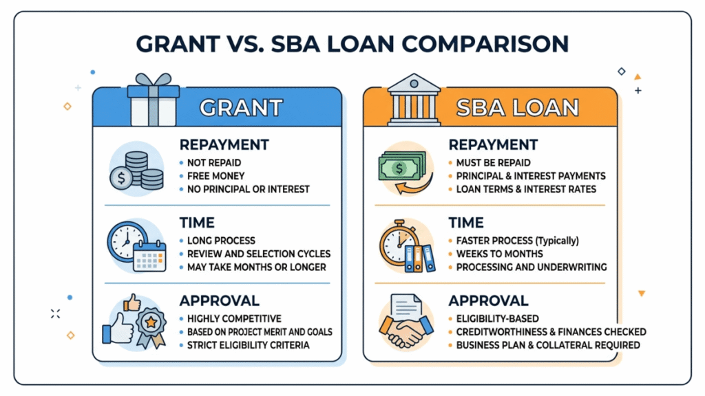 Short infographic comparing small business grants and SBA loans on repayment and approval differences