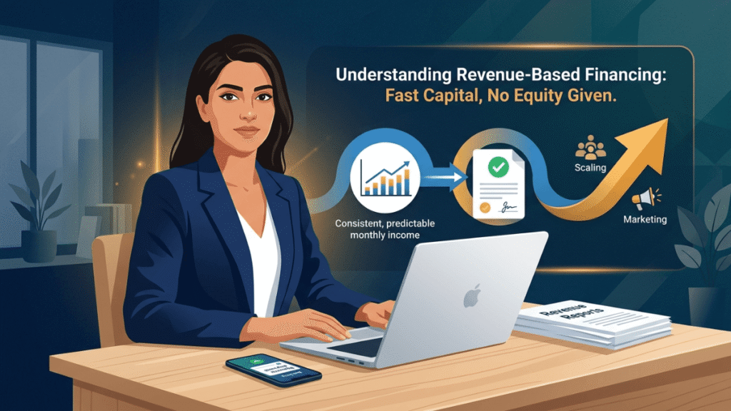 Business owner following a simple revenue-based financing process from recurring revenue to funding and business growth.