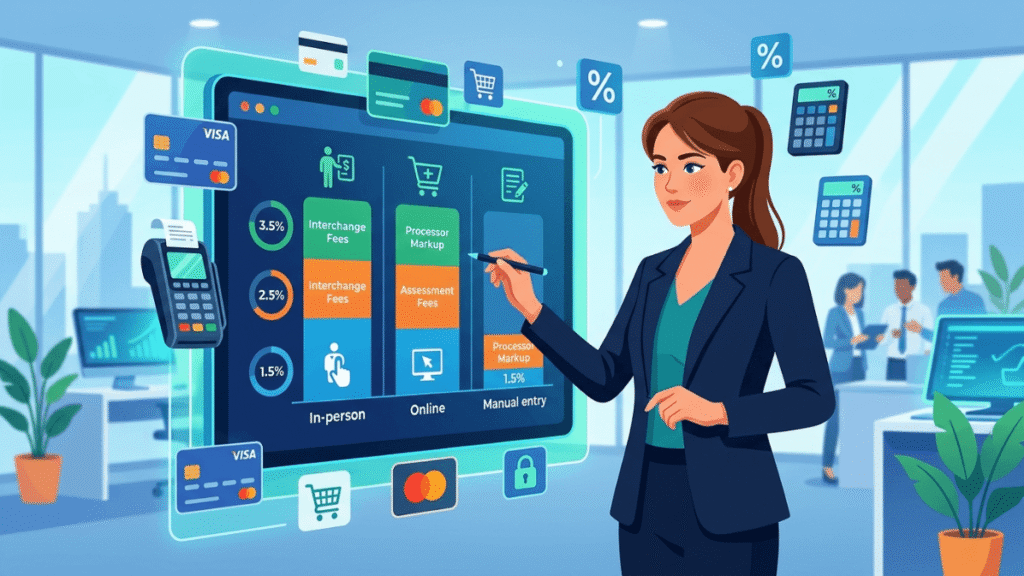 Businesswoman analyzing interchange fees and credit card processing costs through financial charts in a professional 2D animated illustration.