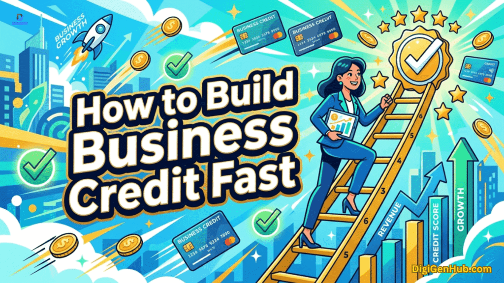 How to Build Business Credit Fast", featuring financial growth elements like rising coins, credit cards, graphs and ladder.
