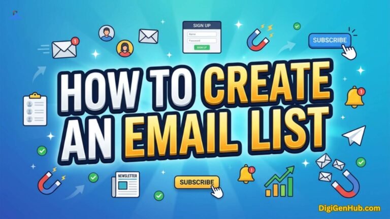 Email list building illustration with subscriber and newsletter icons.