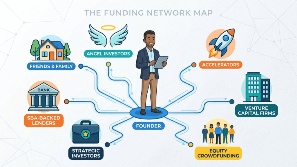 Flat vector illustration showing founder connected to different types of business investors and funding sources

