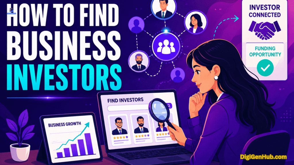 Businesswoman using digital platforms and investor networks to find funding opportunities for business growth.