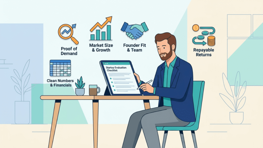 Flat vector illustration of investor reviewing checklist for demand, market size, and funding repayment path
