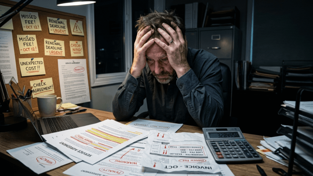 Stressed business owner regretting costly invoice factoring mistakes with highlighted fine print contracts on desk
